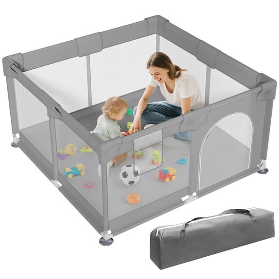 Vipsafe Baby Playpen, Safety Play Yard with Storage Bag, 49" x 49" Infant Travel Fence, Gray