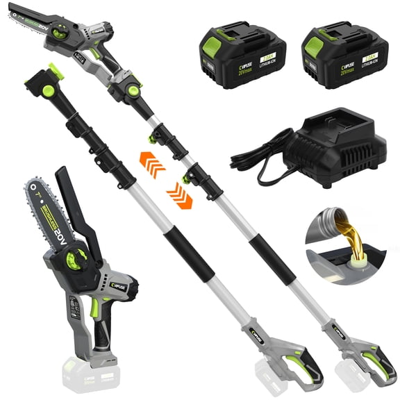 Vipuse 2-in-1 Cordless Pole Saw with Two 4.0Ah Rechargeable Batteries and 2.0Ah Fast Charger,16 FT Max Extension,7 Inch Mini Brushless Chainsaws for Tree Trimming