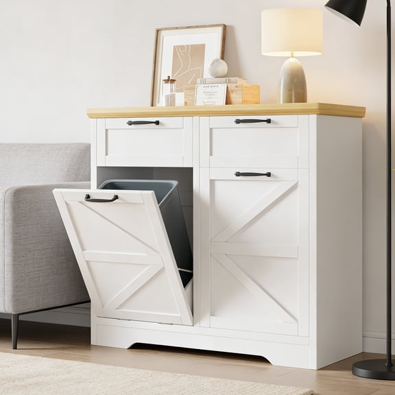 Vipuse 20 Gallon Tilt Out Trash Cabinet: Push-Open Recycling Station with Drawer & Laundry Sorter - Free Standing Garbage Can Cabinet for Kitchen, Living Room - White & Natural Wood (No Trash Cans)