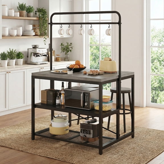 Vipuse 42" Kitchen Island Table - Baker Rack with Storage and 3-Tier Storage-Microwave Stand Oven Shelf,Kitchen Shelf for Dining Living Room, 5 Hooks,Grey