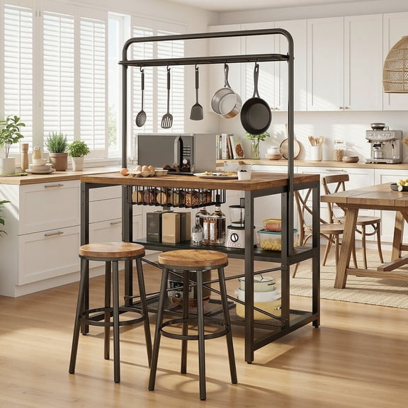 Vipuse 42" Kitchen Island Table - Baker Rack with Storage and 3-Tier Storage-Microwave Stand Oven Shelf,Kitchen Shelf for Dining Living Room, 5 Hooks,Vintage