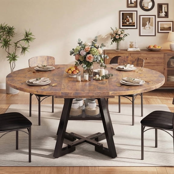 Vipuse 43-57 Extendable Round Dining Table for 4-6, Modern Industrial Kitchen Oval Dining Table with Removable Leaves, Space Saving Pedestal Base with Storage Shelf for Kitchen Living Room