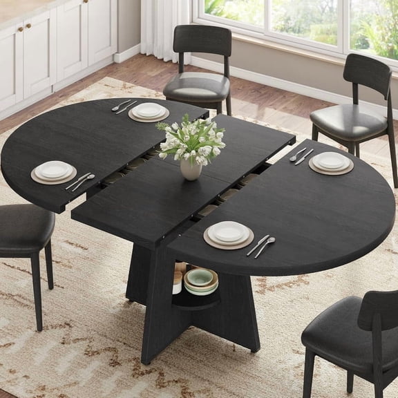 Vipuse 43''59'' Extendable Dining Table, Round Kitchen Dining Room Dinner Table with for 4 6 8 People, Space Saving Modern Oval Expandale Furniture with Storage and Pedestal for Kitchen Living Room