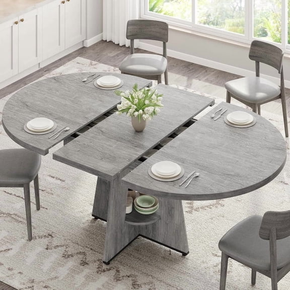 Vipuse 43''59'' Extendable Dining Table, Round Kitchen Dining Room Dinner Table with for 4 6 8 People, Space Saving Modern Oval Expandale Furniture with Storage and Pedestal for Kitchen Living Room