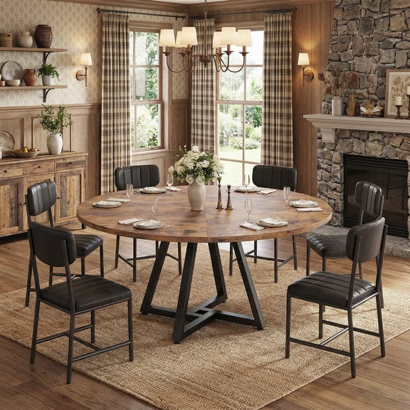 Vipuse 47" Round Dining Table Kitchen Dining Room Dinner Pedestal Table with Storage Shelf, Space Saving Wood Circle Industrial Furniture for Small Space (Brown, 47In)