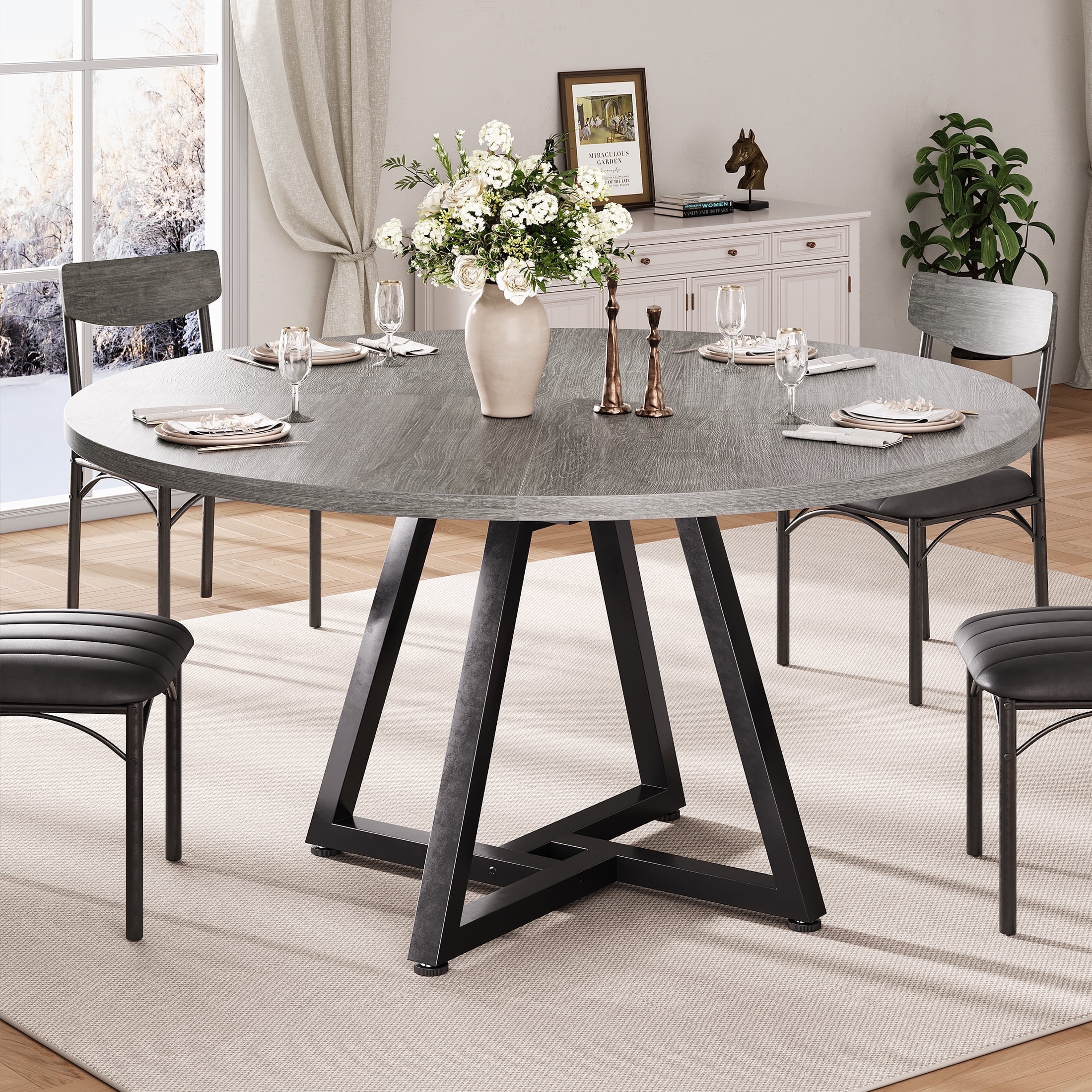Walmart Black Friday Deals 2025 Anyact 47in Round Dining Table for 4, Kitchen Dining Room Circle Dinner Pedestal Table,Kitcen Table Sturdy Wood Kitchen & Dining Room Furniture, Gray(Only Table)