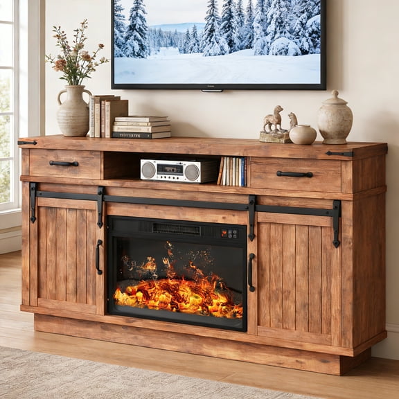 Vipuse 59'' Fireplace TV Stand with 3D Flame Electric Fireplace Heater, 34'' Tall Farmhouse TV Stand for 65 Inch TV, Entertainment Center TV Console with 2 Drawers, Sliding Barn Door -Brown