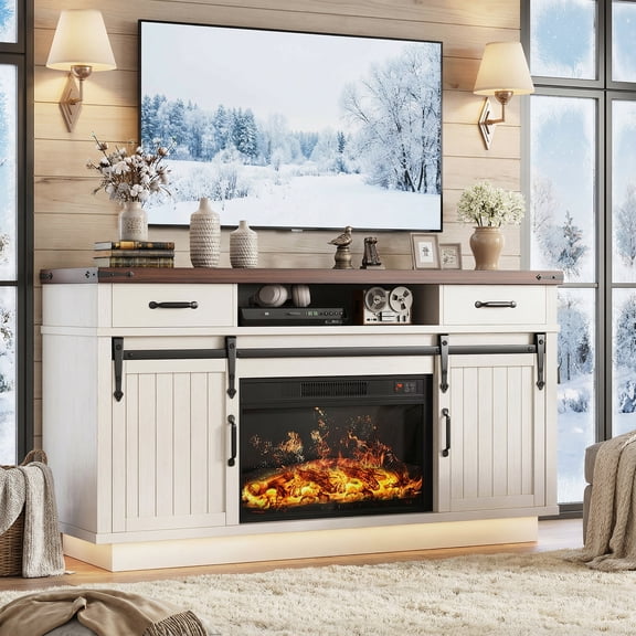 Vipuse 59'' TV Stand with 3D Flame Electric Fireplace Heater, 34'' Tall Farmhouse TV Stand for 65 Inch TV, Entertainment Center TV Console with 2 Drawers, Sliding Barn Door for Living Room -White
