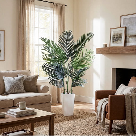 Vipuse 5ft Artificial Areaca Palm Tree, Faux Plant in Synthetic Silk Pot, Realistic Bark Design, Large Artificial Plant in Tall White Pot for Home