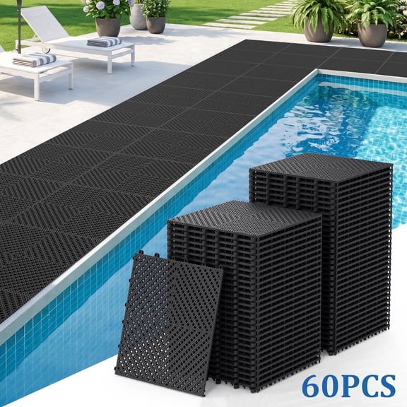 Minikid Drainage Floor Mat Set, 12” x 12” Detachable Cushioning Tiles, Pack of 60 Interlinking Drain Mats, Slip-Resistant Black PP Material, Ideal for Garage, Garden, Kitchen & Outdoor Shower Usage