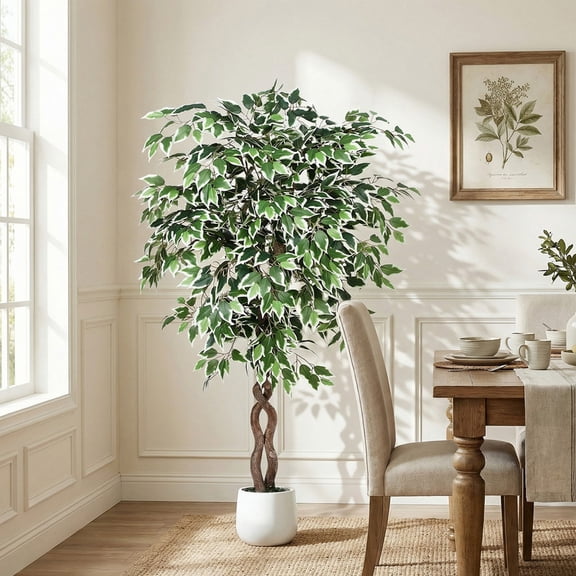 Vipuse 6FT Artificial Ficus Tree, Tall Faux Trees Indoor with White Planter, Dried Moss, Natural Silk Leaves & Trunk, Fake Plants