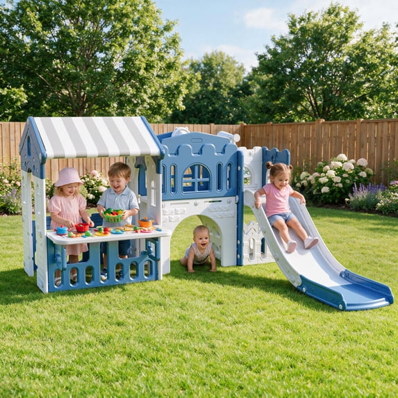 Vipuse 9 in 1 Indoor Infant Toddler Playground Slides Playset with Playhouse for Backyard Home, Blue & Gray