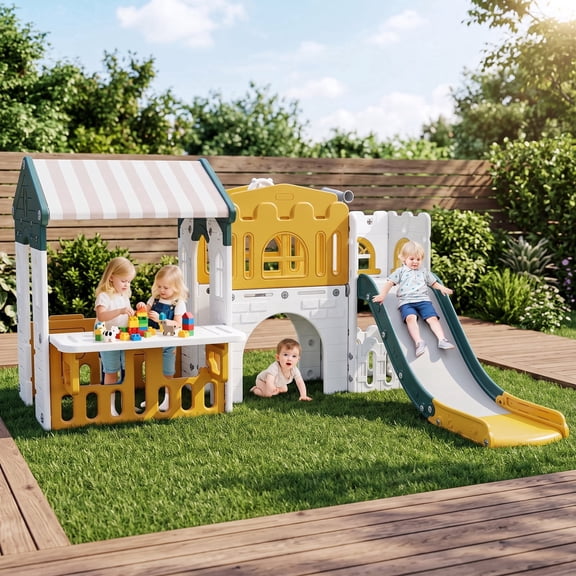 Vipuse 9 in 1 Indoor Infant Toddler Playground Slides Playset with Playhouse for Backyard Home, Yellow & Green