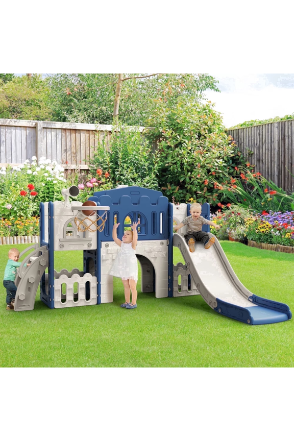 9 in 1 Toddler Slide Playset for Kids Indoor/Outdoor for Toddlers Age 1+, Blue & Gray