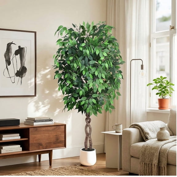 Vipuse Artificial Ficus Tree-6FT Faux Tree with Natural Curved Trunks and White Pot, Lush Fake Silk Tree Artificial Plants