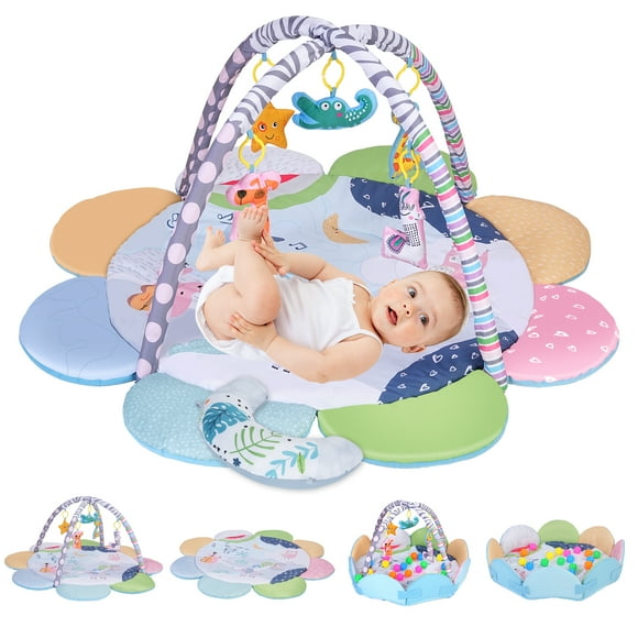 Minikid Baby Play Gym,Baby Tummy Time Activity Mat with 5 Sensory Toys,20 Ocean Balls,Floor Crawling Mat for Early Stage-Based Sensory and Motor Skill Development for Infant