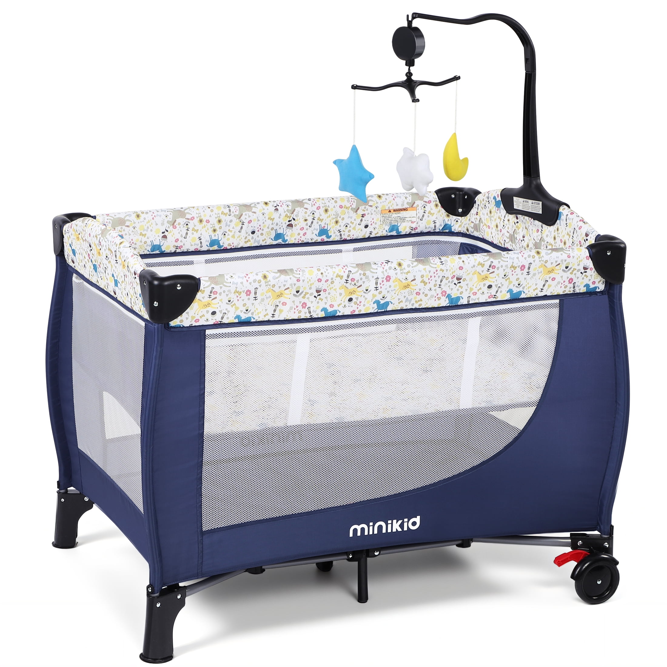 Minikid Baby Playard with Bassinet,Unisex Playpen Include Music Box and Hanging Toys,Portable Crib for Newborn to Toddlers,Blue
