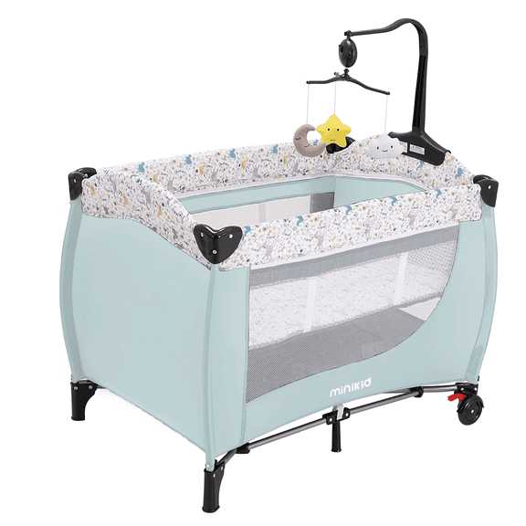 Minikid Baby Playard with Bassinet,Unisex Playpen Include Music Box and Hanging Toys,Portable Crib for Newborn to Toddlers,Green