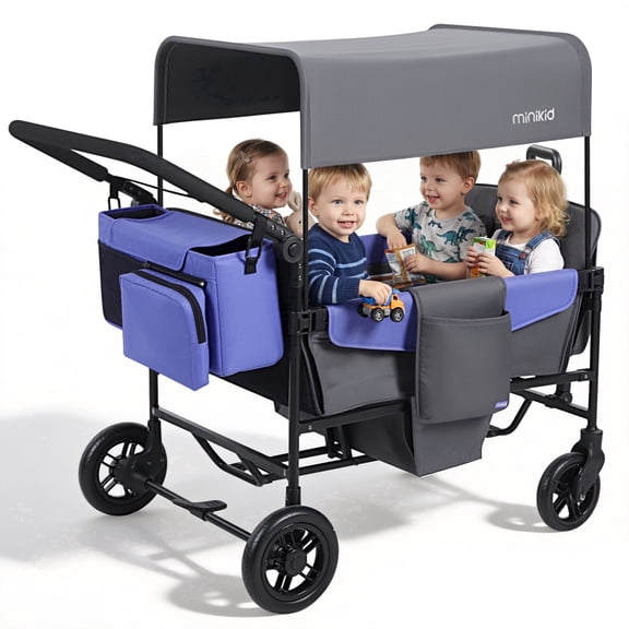 Vipuse Baby Wagon Stroller for 4 Kids, Toddler Stroller with Canopy, 5-Point Harness, Adjustable Handlebars,Gray