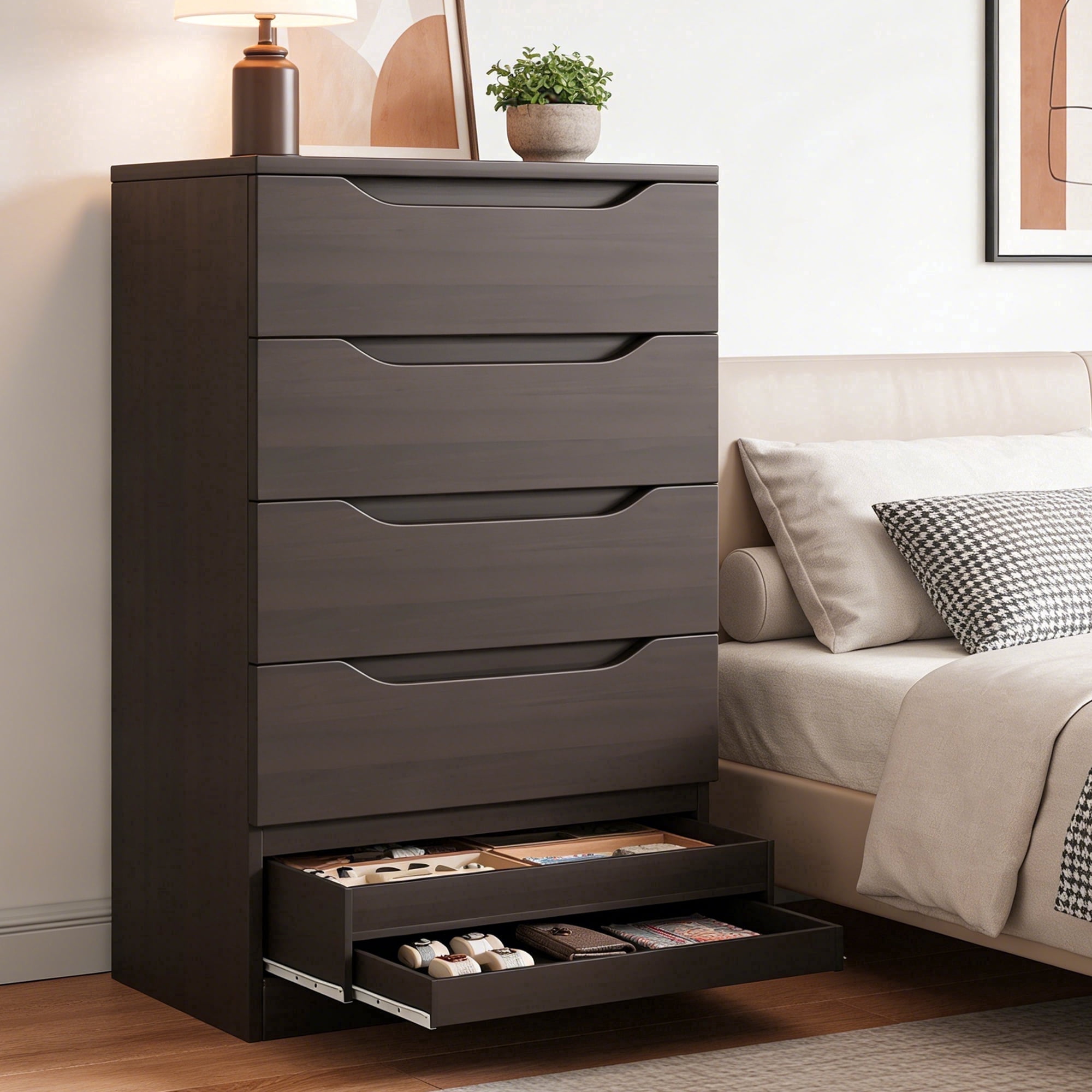 Vipuse Brown Tall 5 Drawer Dresser for Bedroom with Hidden Storage Design, Large Modern Closet Dressers & Chests of Drawers with Cut-Out Handles, 27.6" L*15.8" W*45.3" H for Bedroom,,Brown
