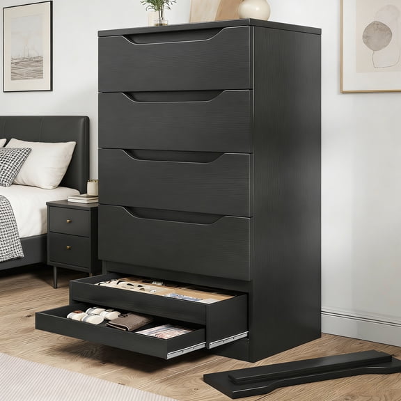 Vipuse Black Tall 5 Drawer Dresser for Bedroom with Hidden Storage Design, Large Modern Closet Dressers & Chests of Drawers with Cut-Out Handles, 27.6" L*15.8" W*45.3" H for Bedroom,Black