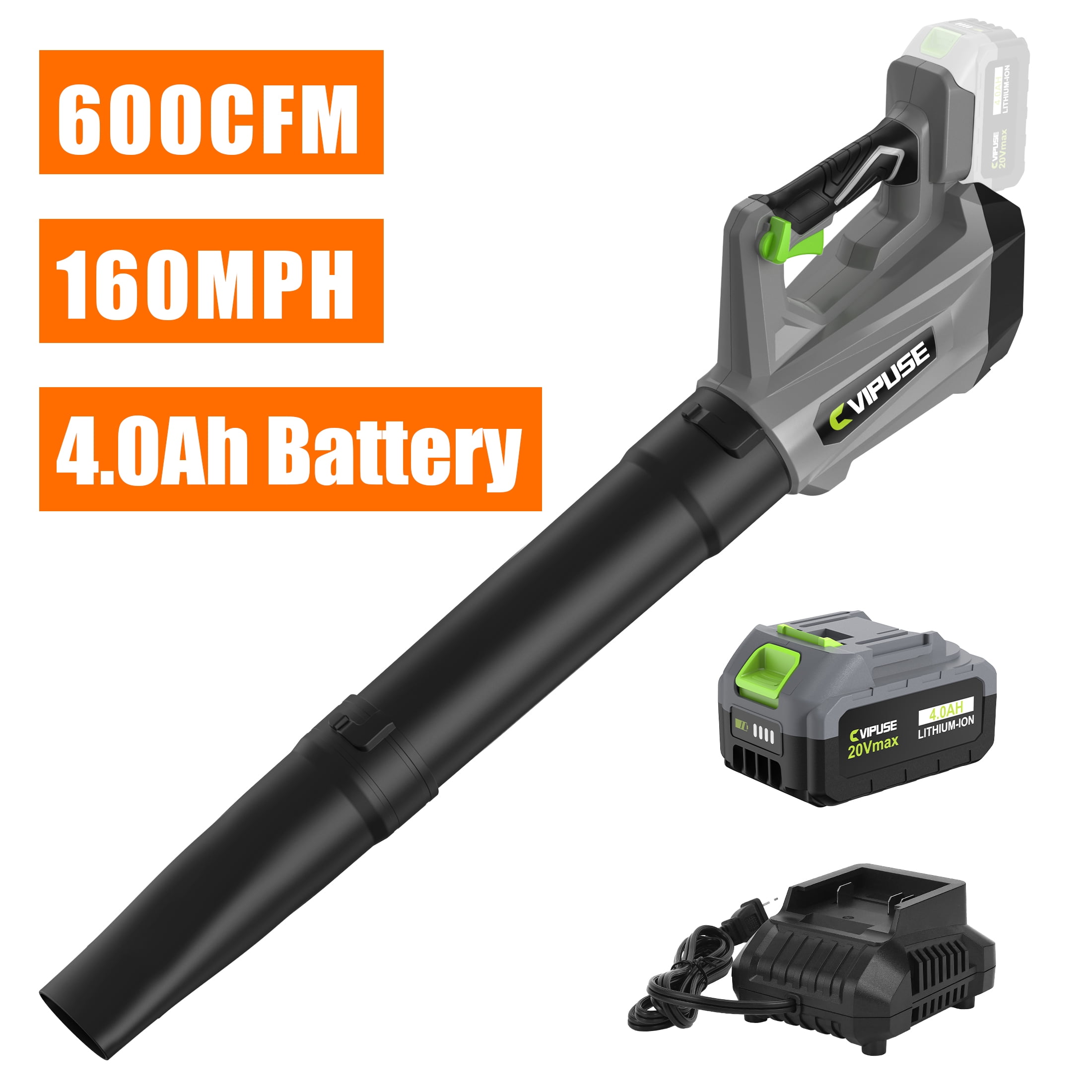 Vipuse 20V Cordless Leaf Blower with 4000mAh Battery and Fast Charger, Lightweight Handheld Leaf Blower Cordless, 600CFM 160MPH Power for Yard, Lawn, Garage & Garden
