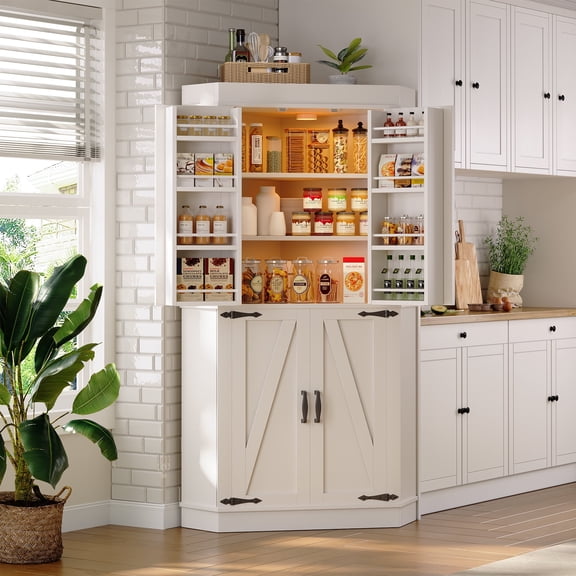 Vipuse Corner Cabinet,71'' Kitchen Pantry Storage Cabinet with 4 Doors and Shelves, Tall Food Pantry Storage Cabinet Farmhouse Furniture for Kitchen Dining Room, White