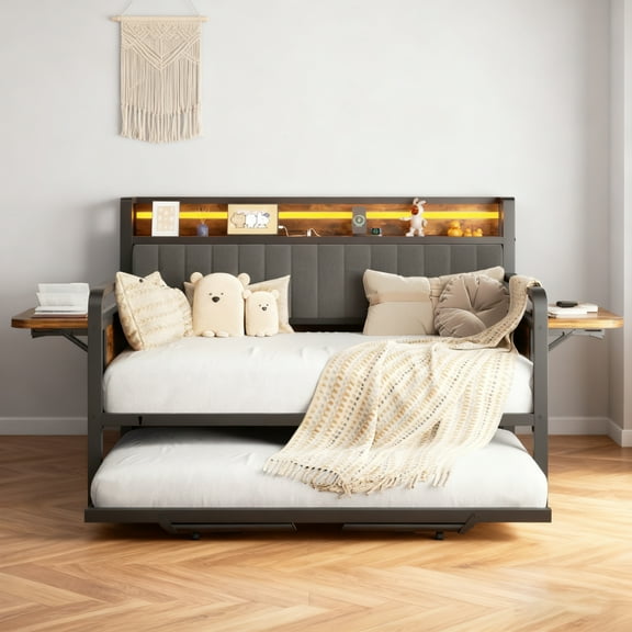 Vipuse Daybed with LED Light, Heavy Duty Metal Twin Bed Frame with Upholstered Storage Headboard & Charging Station, Day Bed Pop Up Trundle Bed Twin for Living Room,Bedroom and Guest Room, Brown