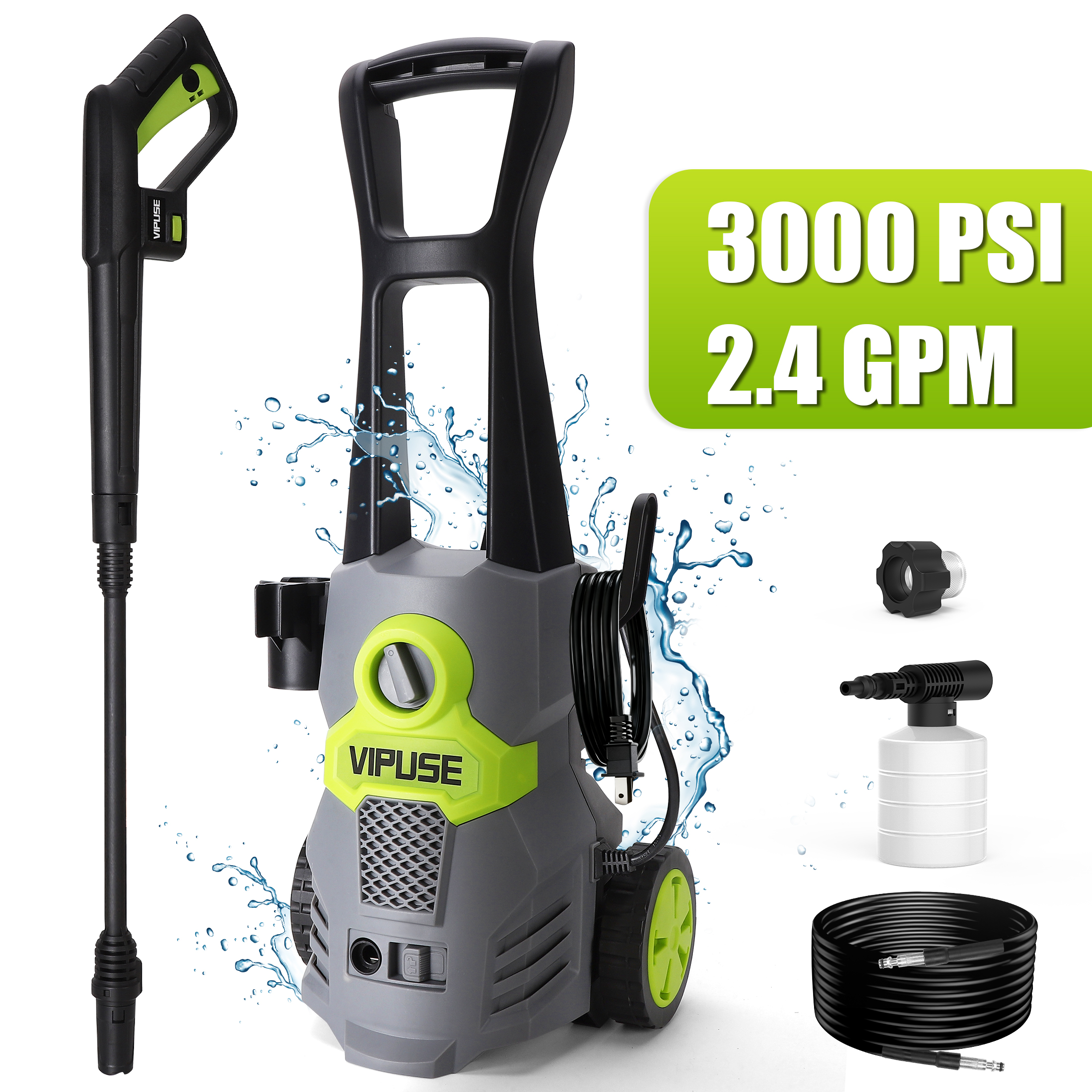 Vipuse Pressure Washer,3000 PSI 2.4GPM Car Washer with 23FT Hose /Rotatable 0-120 Nozzle/350ML Foam Cannon,Clean Tool for Cars/Fences/Patios/Floor