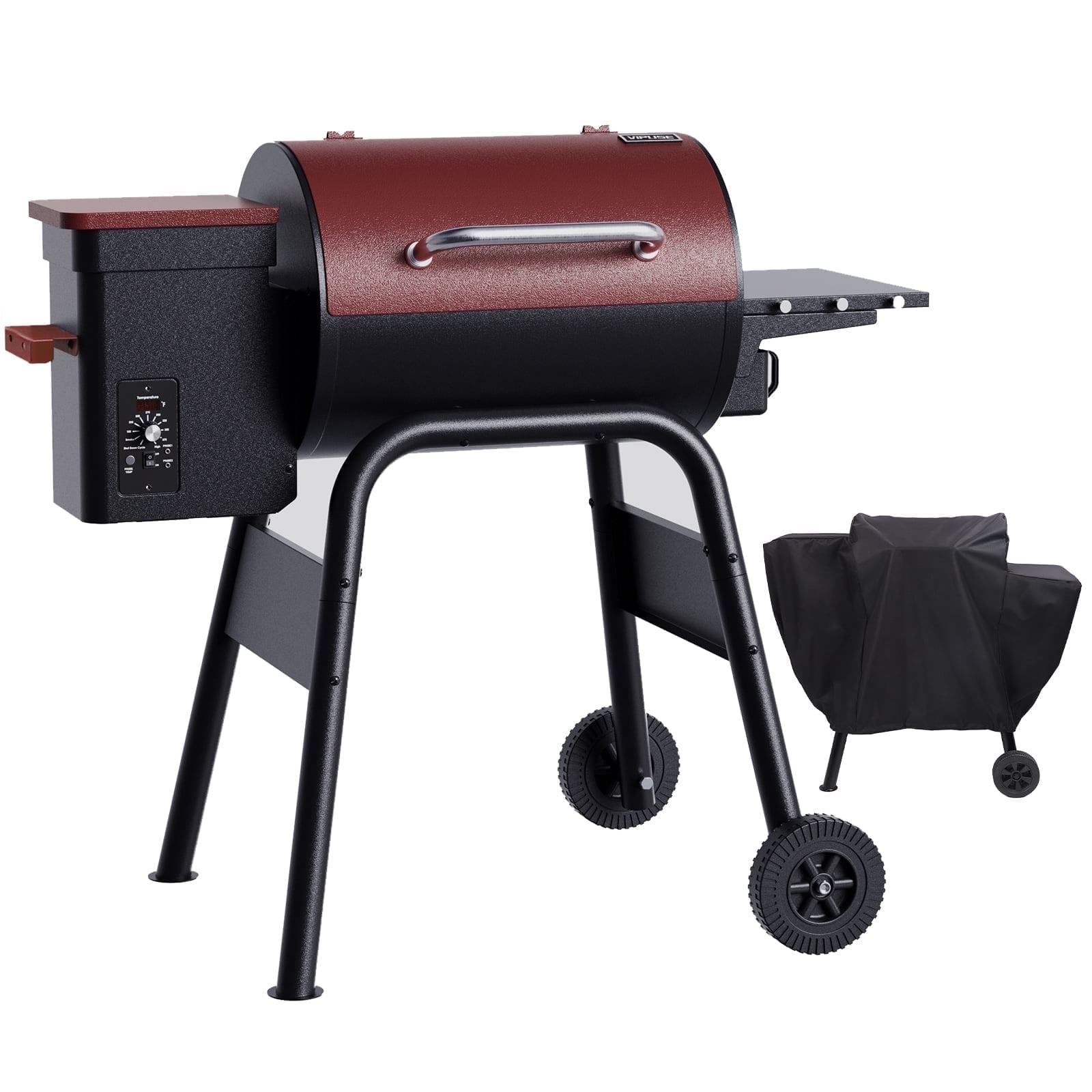 Vipuse Electric Wood Pellet Grill & Smoker with Side Shelf, 456 SQ.IN Grill Capacity with PID Temperature Control (180-425F) for Patio Bake and Roast, Burgundy with Cover