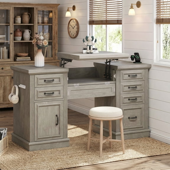 Vipuse Farmhouse 57" Lift Up Executive Desk with 5 Drawers and Charging Station, Wood Home Office Computer Desk with File Cabinet Storage, Keyboard Tray,Headphone Hook for Work,Study (Grey)