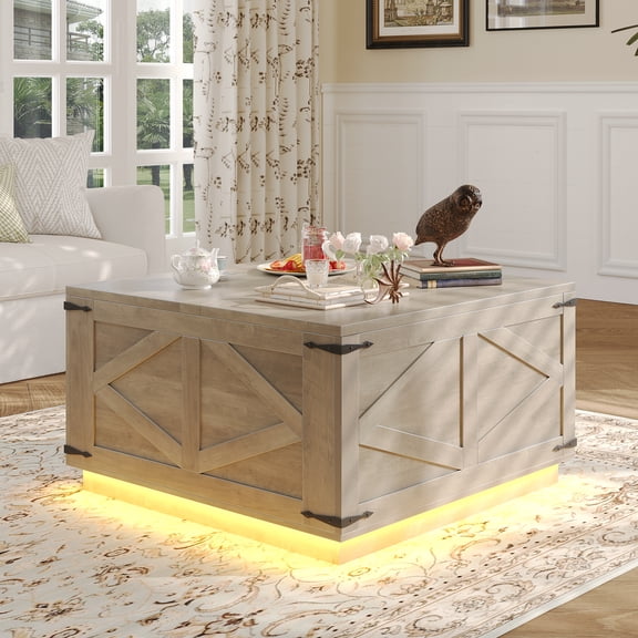 Vipuse Farmhouse Lift Top Coffee Table, Square Wood Center Table, USB-C Charging Station, and Hidden Storage Compartment - Rustic Grey Living Room Furniture