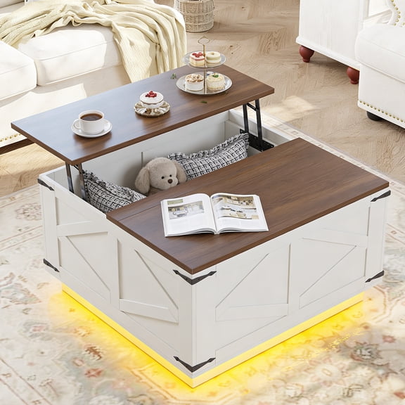 Vipuse Farmhouse Lift Top Coffee Table, Square Wood Center Table, USB-C Charging Station, and Hidden Storage Compartment - Rustic Grey Living Room Furniture