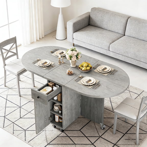 Vipuse Folding Dining Table for 4 Kitchen Dining Room DinnerTable with Storage Drawer Space Saving Oval Foldable Drop Leaf Gateleg Furniture for Small Space (Grey, 47 * 23.6 * 30)