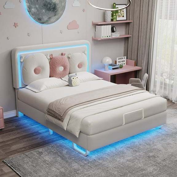 Anyact Full Bed Frame with LED Lights, Height Adjustable Headboard, Floating Platform Bed with Teddy Velvet Removable Pillow for Bedroom, Solid Wood Slats Support, Off White