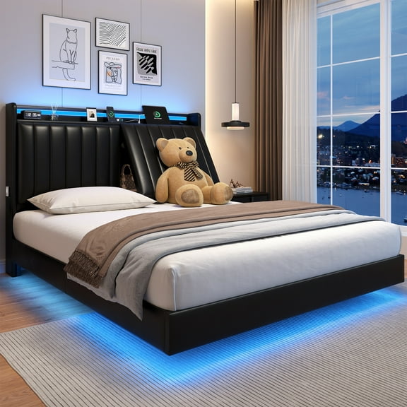 Vipuse Full Size Floating Bed Frame with Ergonomic Hidden Storage Headboard and LED Lights, Visual Floating LED Bed Frame with Charing Station, Leather Upholstered Platform Bed, Heavy Duty, Black