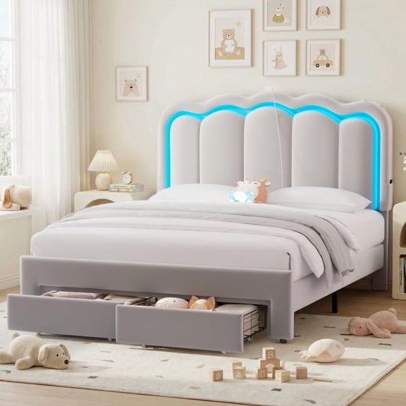 Vipuse Full Upholstered LED Bed Frame with 2 Storage Drawers and Adjustable Chic Double Wavy Headboard, Solid Wood Slats Support,No Box Spring Needed,Grey