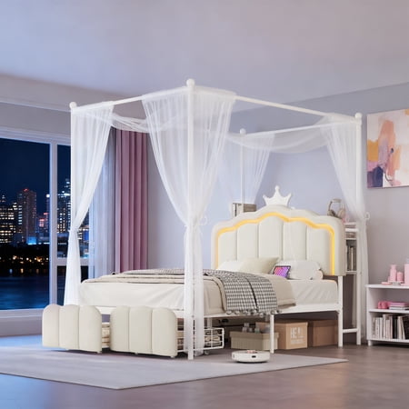 Vipuse Full Velvet Upholstered LED Canopy Bed Frame with 2 Storage Drawers and Charging Station, Crown Headboard with Bookshelf, Princess Platform Bed with 4 Removable Posts,Metal Slats Support-Beige