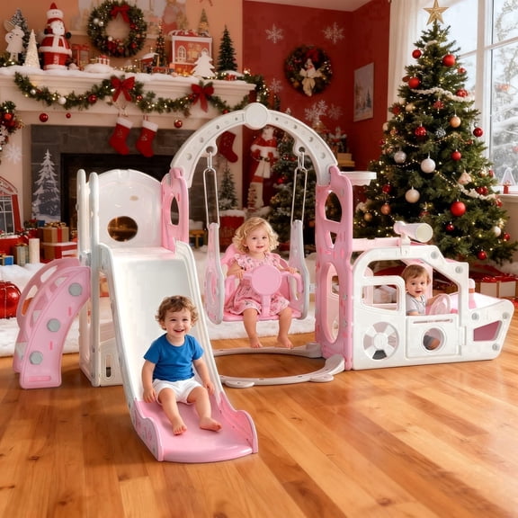 Vipuse 6 in 1 Toddler Slide,Swing Playset for Indoor Outdoor Backyard Home, Pink