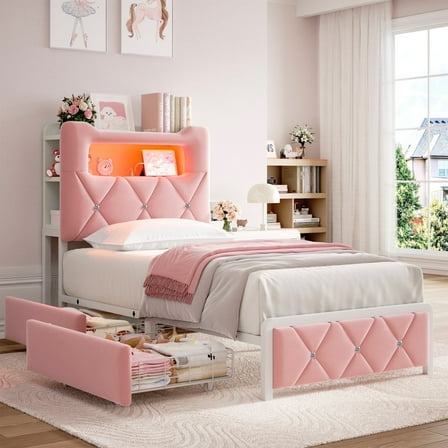 Anyact Twin Bed Frame with 2-Tier Storage Headboard, Metal Platform Bed Frame with 2 Storage Drawers, Built in Charging Station & LED, Pink