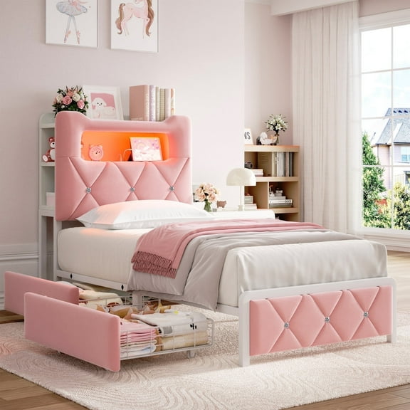 Anyact Twin Bed Frame with 2-Tier Storage Headboard, Metal Platform Bed Frame with 2 Storage Drawers, Built in Charging Station & LED, Pink