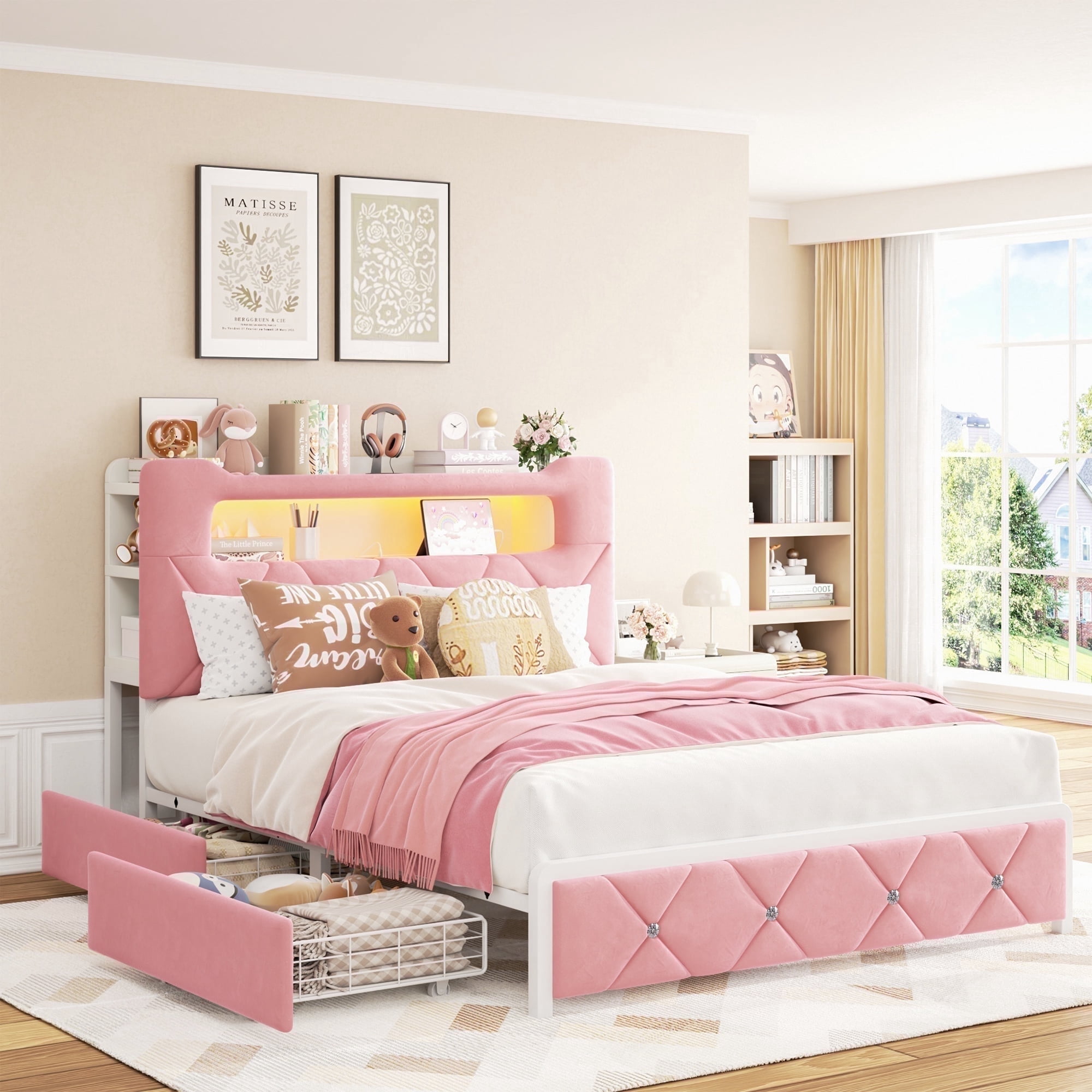 Anyact Full Bed Frame, Pink, 2-Tier Storage Headboard, Drawers