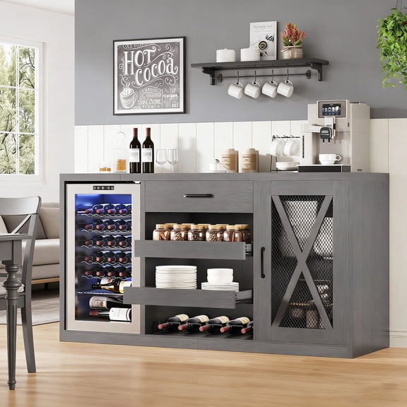 Vipuse Large Coffee Bar Cabinet with Fridge Space, Mini Fridge Cabinet with Pull-Out Drawer and Power Outlets, Farmhouse Design Liquor Cabinet for Living Room, Kitchen, Entryway, Black