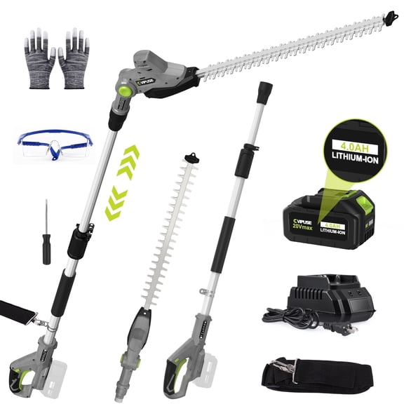 Vipuse Pole Hedge Trimmer Cordless, Electric Bush Trimmer Tool with 21" Dual-Action Blade, Detachable Telescoping Pole, 4.0Ah Battery, Powerful Branches Cutter for Tree & Shrubs Pruning