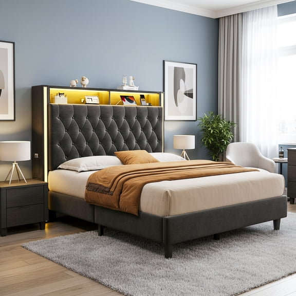 Vipuse Queen Bed Frame with 53" Tall Headboard, Velvet Upholstered Bed Queen Size with 2-Tier Storage Headboard and Sleek Vertical LED Light, Charging Station, Sturdy & Easy to Assemble, Black