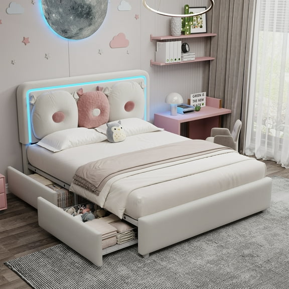 Vipuse Queen Boucle Upholstered LED Bed Frame with Storage Drawer and Adjustable Chic Double Arc Headboard, Princess Platform Cloud Bed with Backrest, Metal Support, No Box Spring Needed, Beige