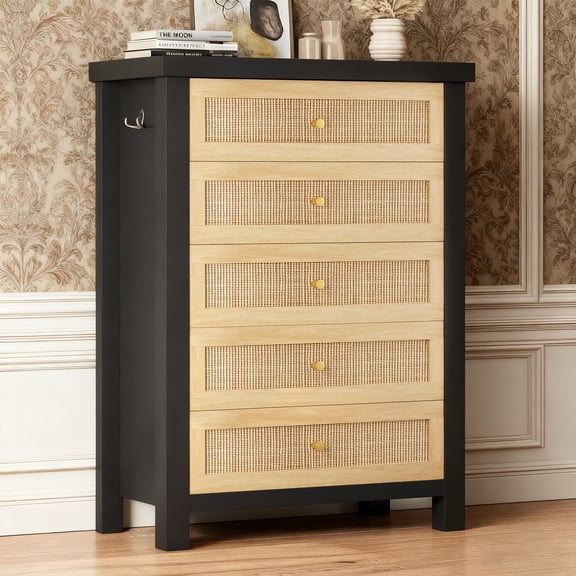 Vipuse Rattan Dresser for Bedroom with 5 Drawers - Wood Boho Chest of Large Drawers with Metal Handle, 41'' Large Storage Bedroom Tall Dresser for Living Room, Enterway, Hallway (Black and Natural)