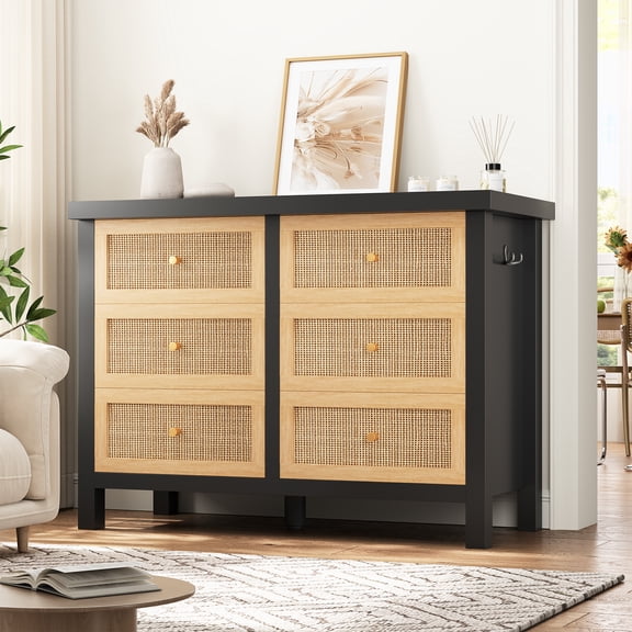 Vipuse Rattan Dresser for Bedroom with 6 Drawers - 47'' Bohemian Chest of Large Drawers with Metal Handle, Large Storage Wood Bedroom Dresser for Living Room, Enterway, Hallway (Black and Oak)