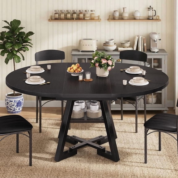 Vipuse Round Dining Table for 4 6 8, Kitchen Dining Room Dinner Table, Space Saving Extendable Oval Circle Furniture with Pedestal and Storage for Kitchen Living Room Black, 43-57In