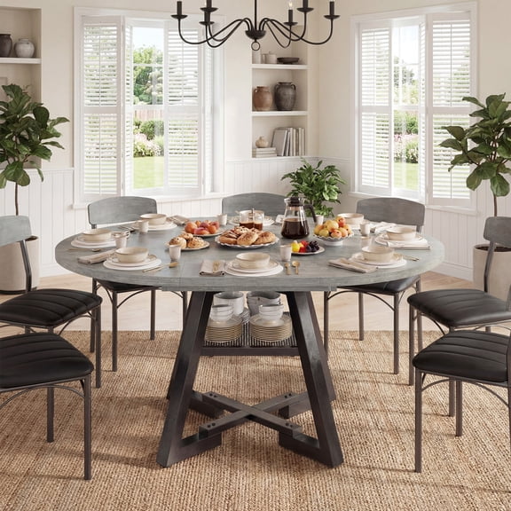 Vipuse Round Dining Table for 4 6 8, Kitchen Dining Room Dinner Table, Space Saving Extendable Oval Circle Furniture with Pedestal and Storage for Kitchen Living Room Grey, 47In-61In